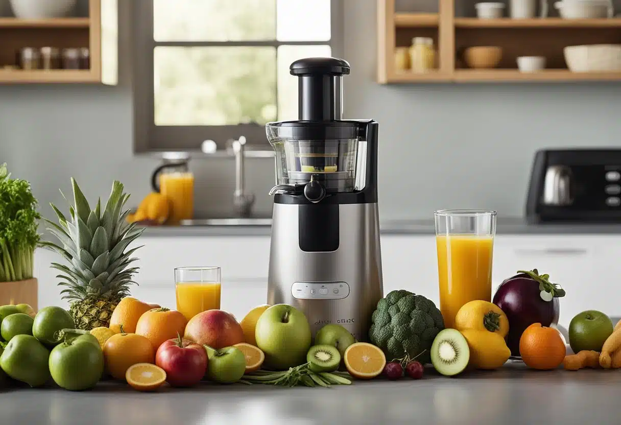 Various fruits and vegetables arranged on a kitchen counter, with a juicer and glass bottles nearby. Labels indicate different juice recipes for weight loss