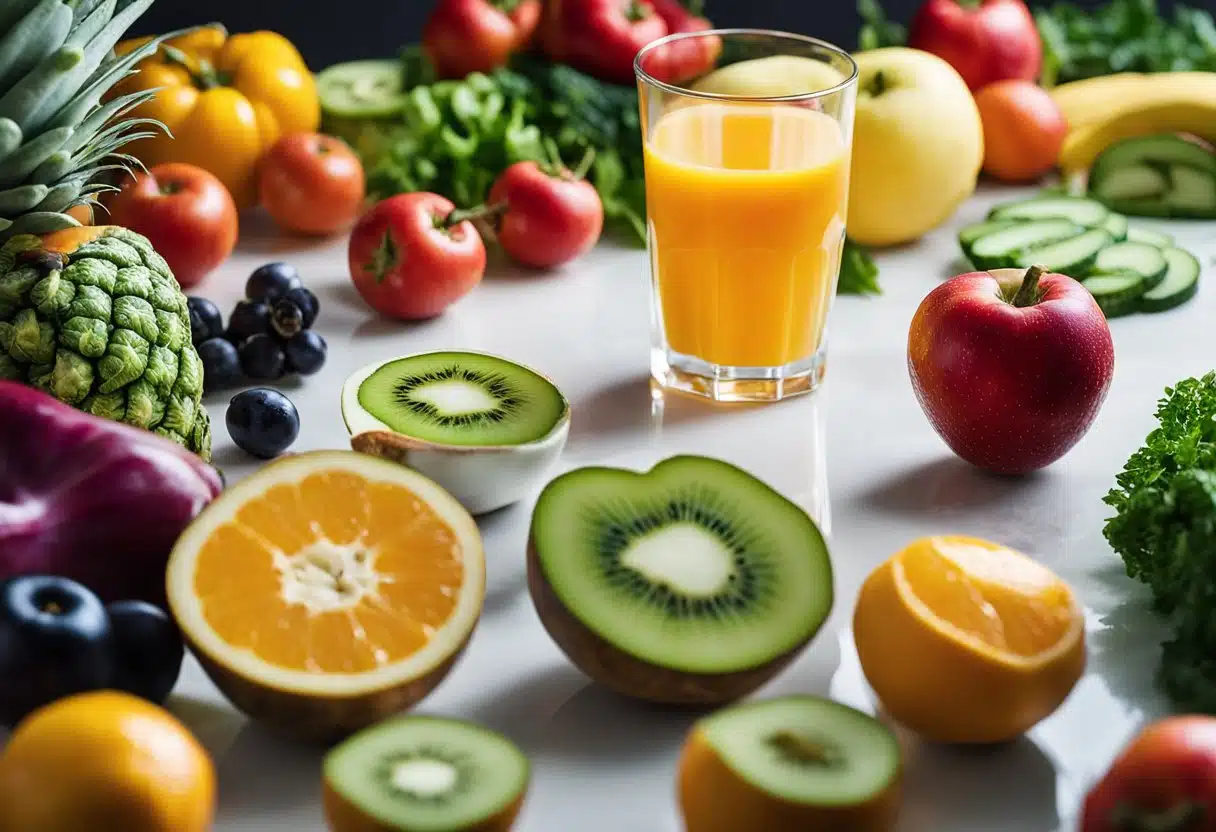 Fresh fruits and vegetables arranged around a glass of colorful juice, with a tape measure and scale in the background