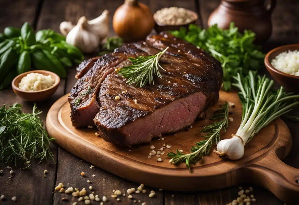 A chuck roast sits on a wooden cutting board surrounded by fresh herbs, garlic, and seasonings, ready to be prepared for a delicious meal