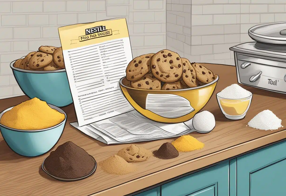 A kitchen counter with ingredients (flour, sugar, chocolate chips) and a mixing bowl. A recipe card for Nestle Toll House cookies is propped up nearby