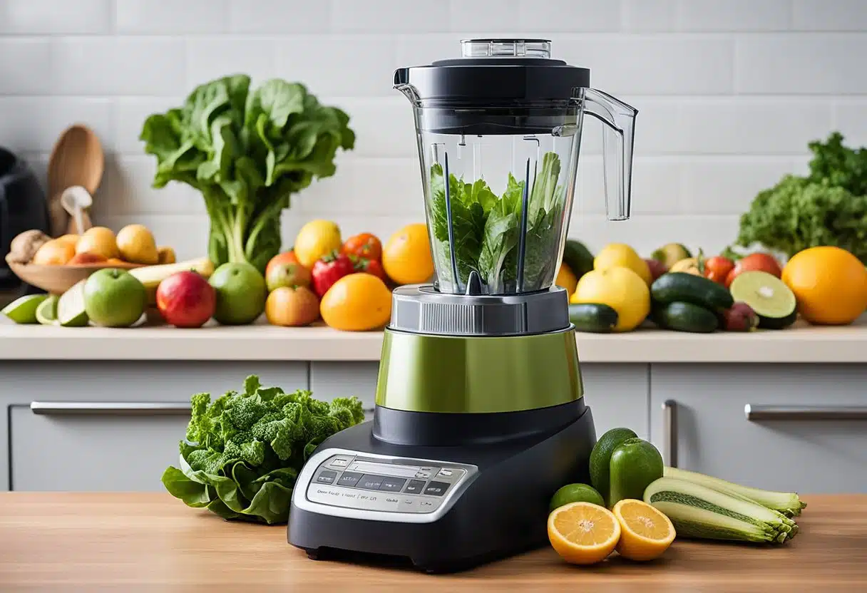 A colorful array of fresh fruits and vegetables, including leafy greens, berries, and citrus, are arranged on a kitchen counter next to a blender and a recipe book titled "Understanding Nutrition Juice Recipes for Weight Loss."