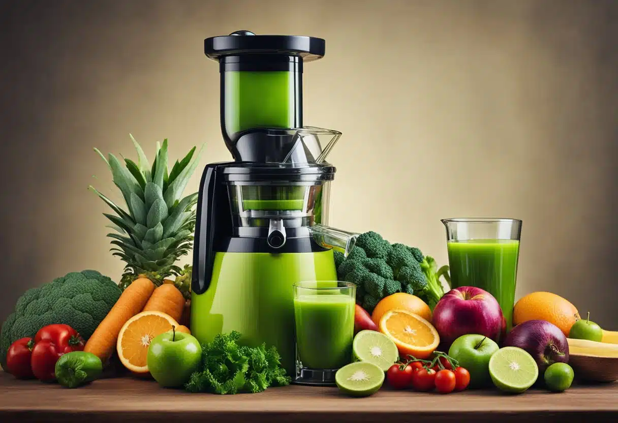 Various fruits and vegetables arranged around a juicer. A glass filled with vibrant green juice sits next to a measuring tape