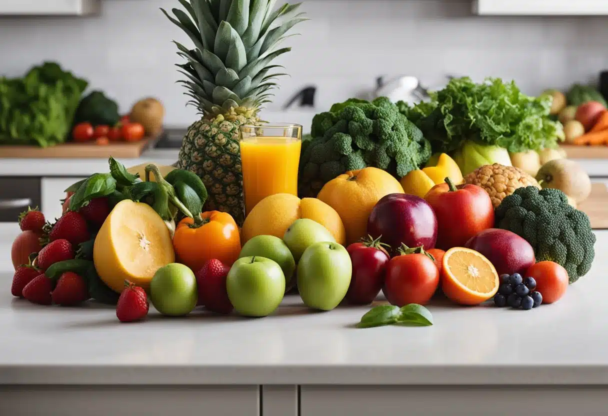 A variety of fresh fruits and vegetables are laid out on a clean countertop, alongside a juicer and cutting board. Recipe books and measuring cups are nearby