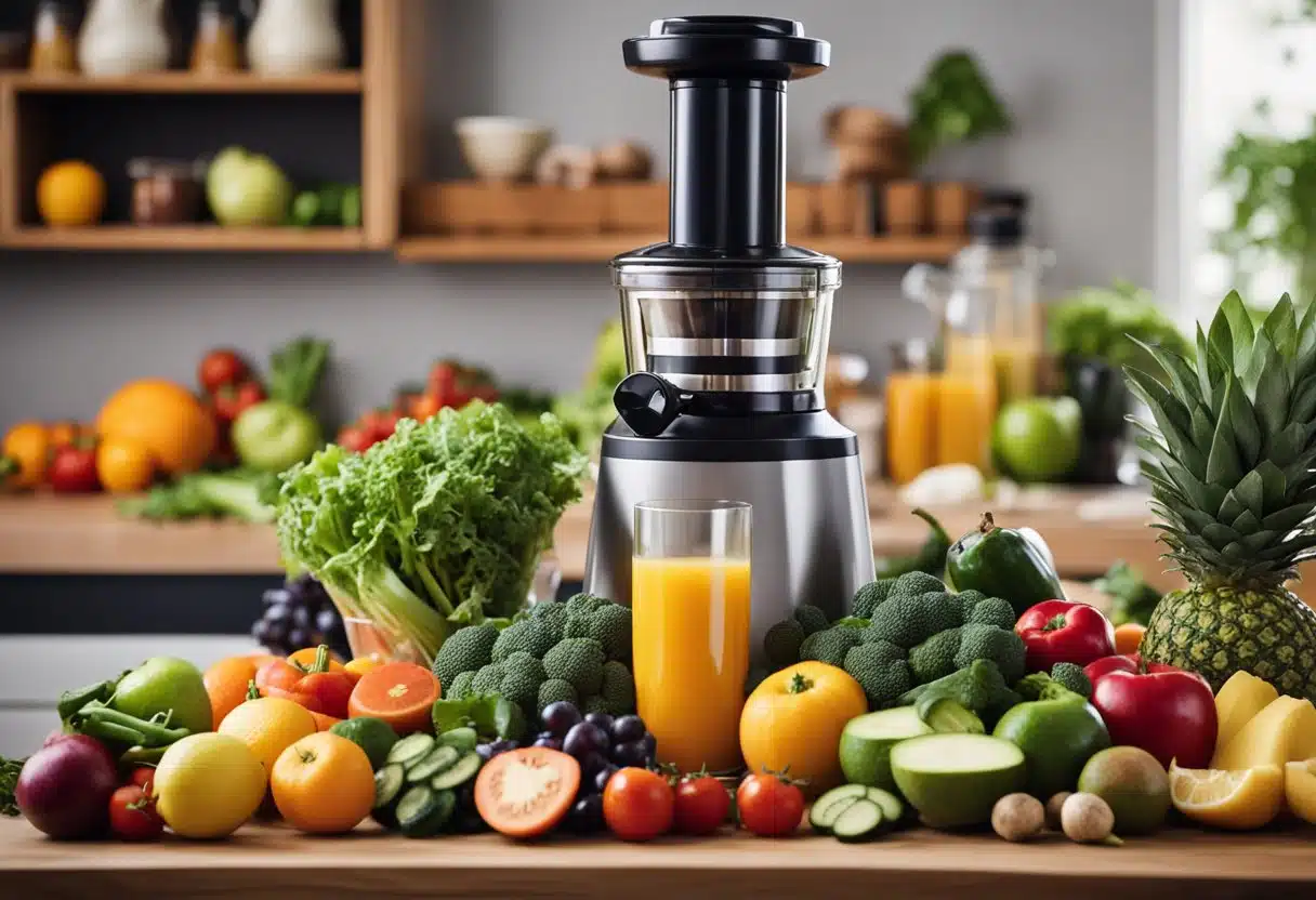 Fresh fruits and vegetables arranged next to a juicer and blender, with a variety of recipe ingredients scattered around