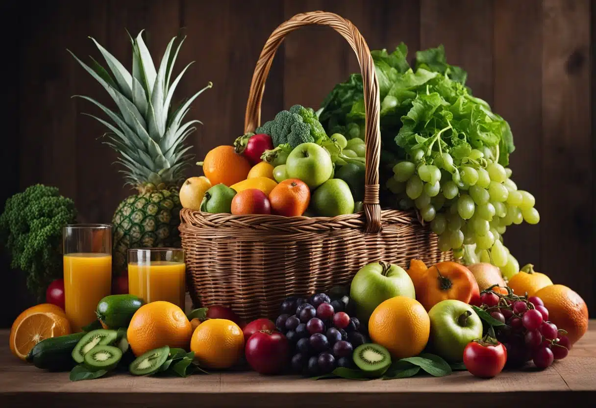 A variety of fresh fruits and vegetables spilling out of a wicker basket, with a juicer and a collection of glass bottles nearby