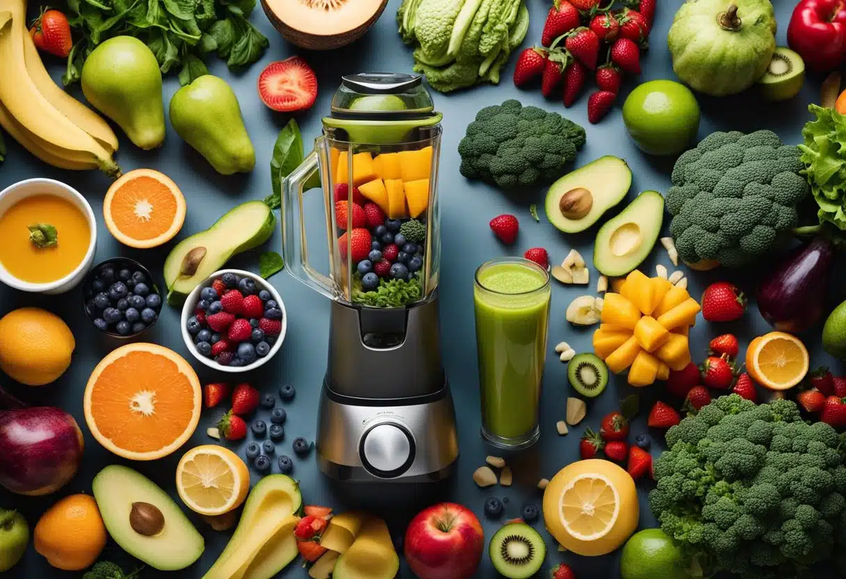 Various fruits and vegetables arranged around a blender, with a bottle of protein powder nearby. Vibrant colors and fresh ingredients convey the concept of protein-packed juices for weight loss