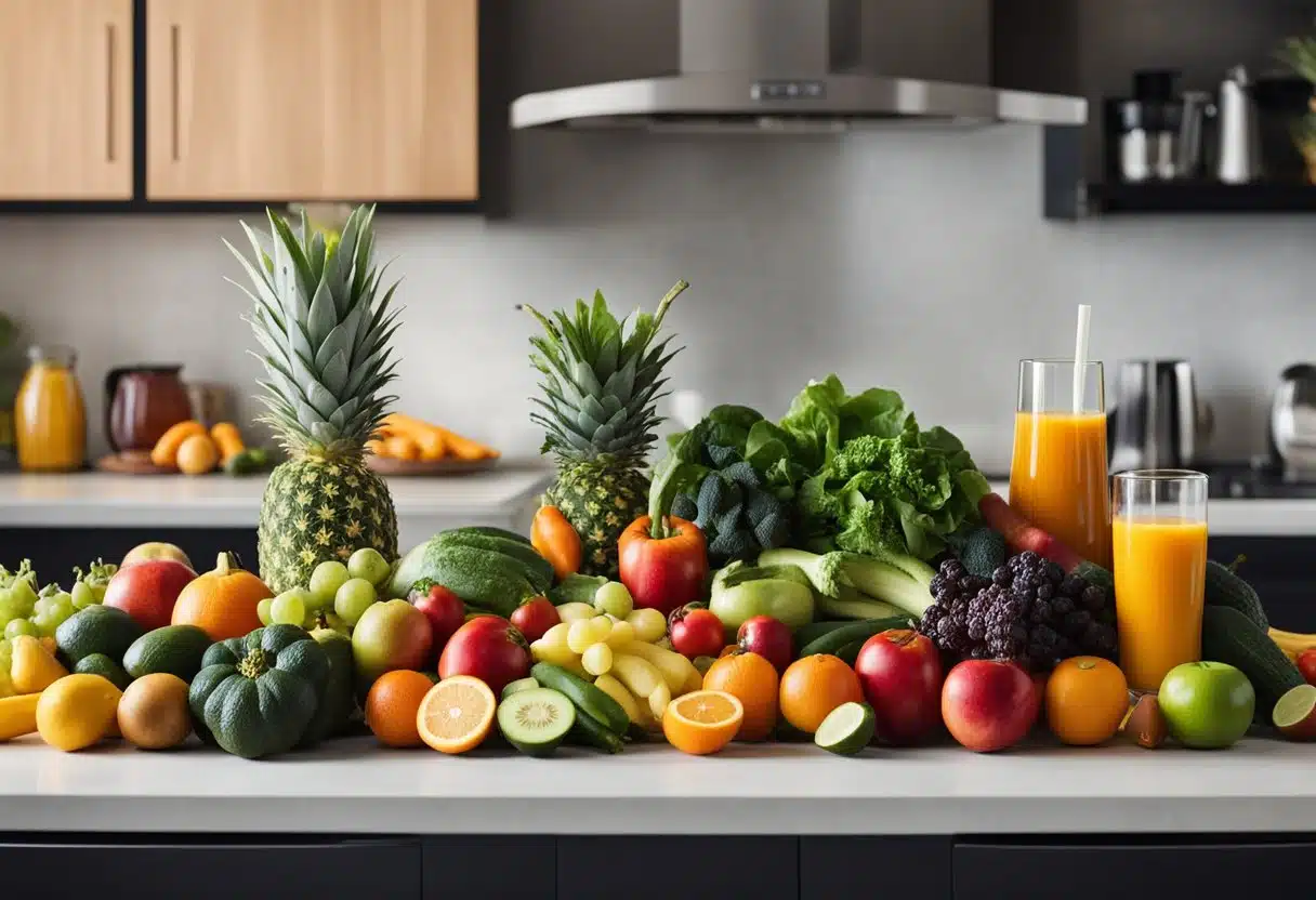 A colorful array of fresh fruits and vegetables, neatly arranged on a kitchen counter, with a variety of juicing equipment and recipe books nearby