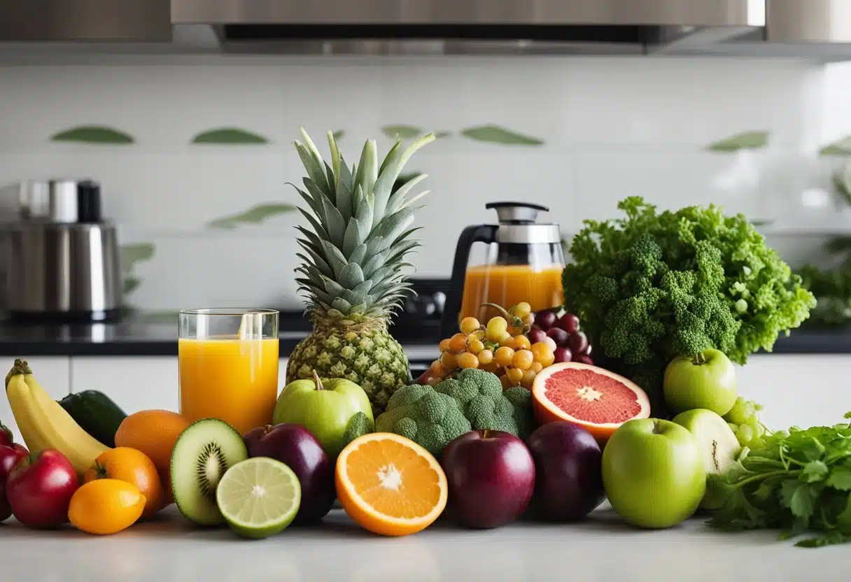 A colorful array of fresh fruits and vegetables, neatly arranged on a kitchen counter, with a juicer and recipe book nearby