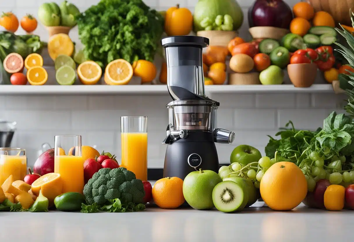 A colorful array of fresh fruits and vegetables, a juicer, and glass bottles for storing the vibrant juices