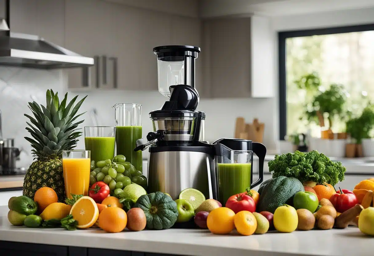 A colorful array of fresh fruits and vegetables, neatly arranged on a kitchen counter, with a variety of juicing equipment and recipe books nearby