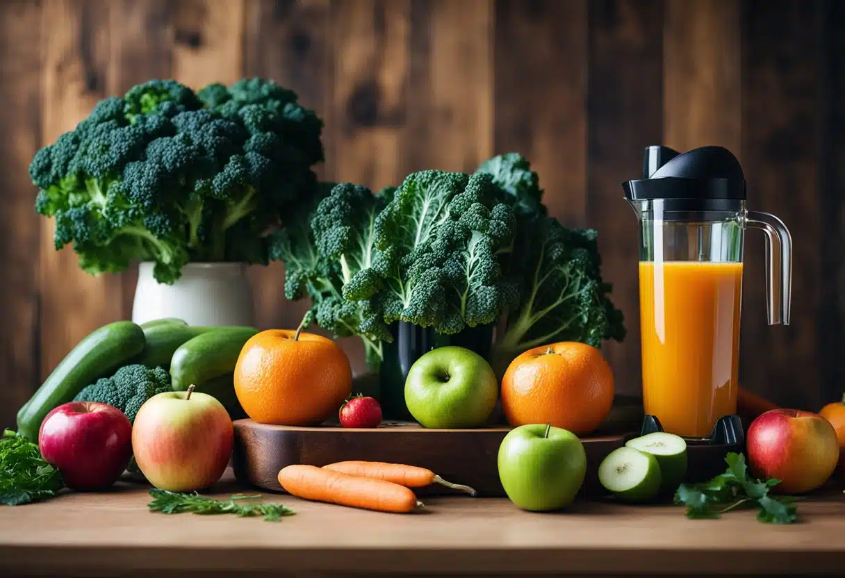 A colorful array of fresh fruits and vegetables, such as kale, apples, and carrots, sit on a wooden cutting board next to a juicer and glass bottles