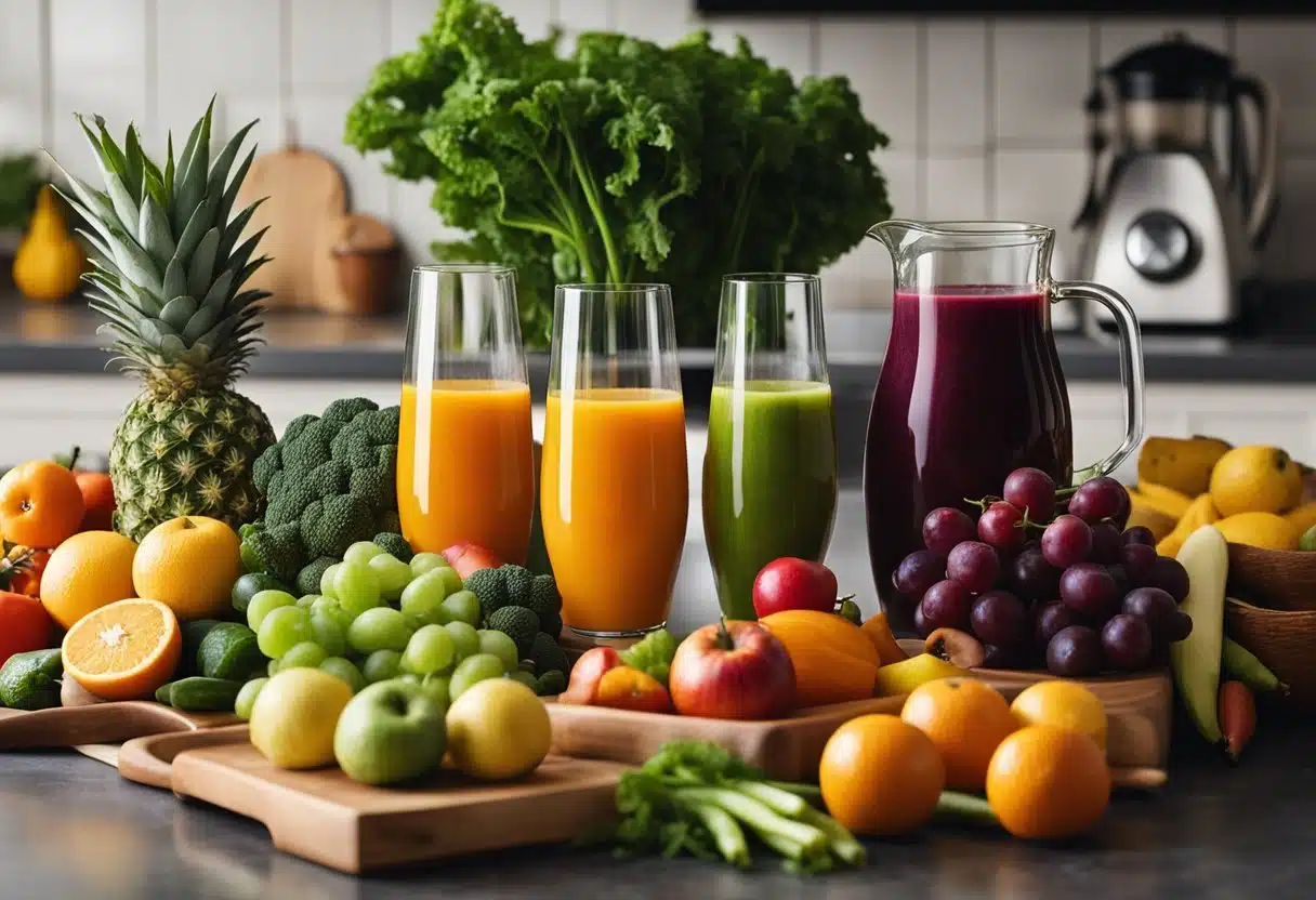 A colorful array of fresh fruits and vegetables, neatly arranged on a kitchen counter, with a variety of juicing equipment and recipe books nearby