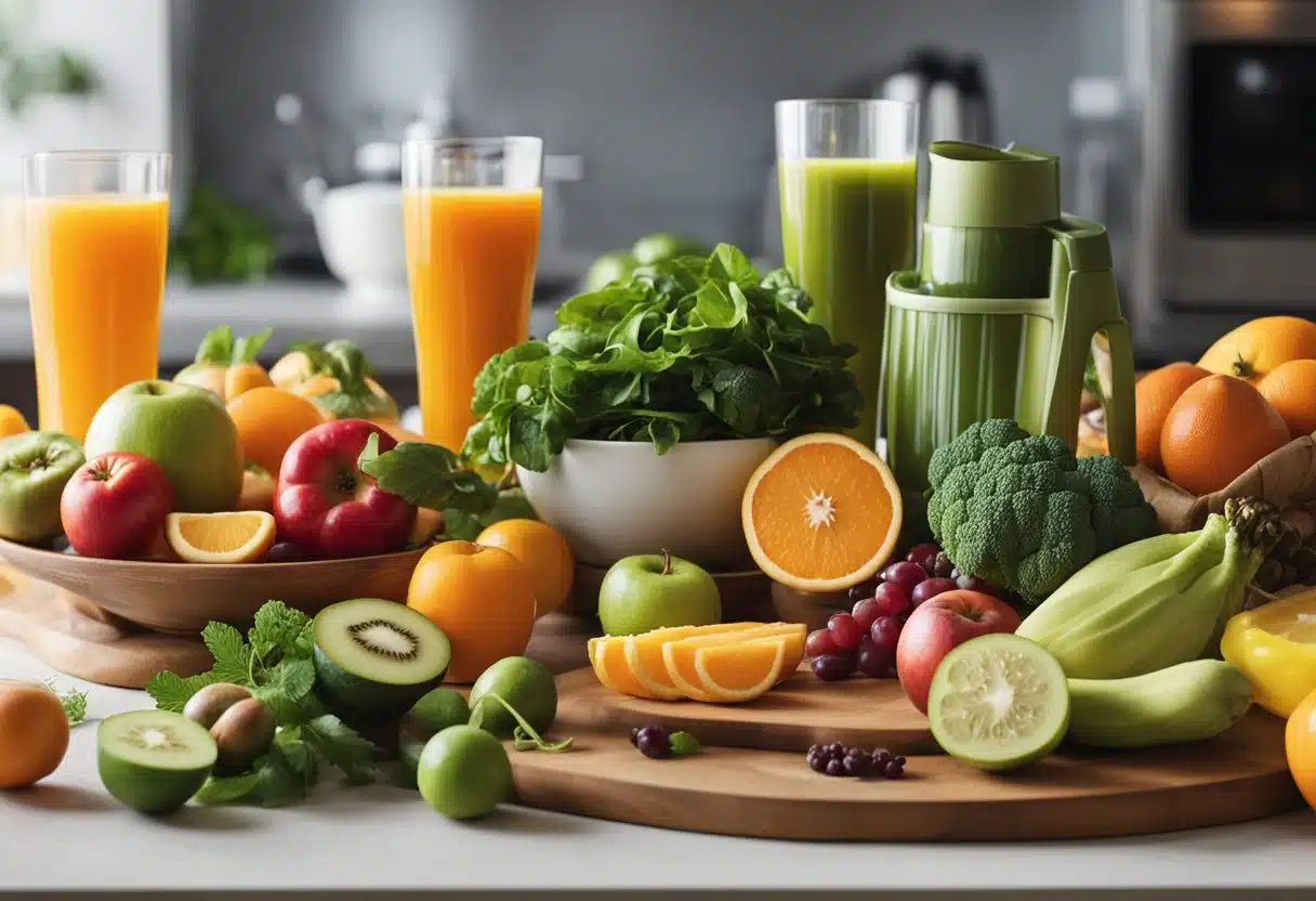 A table with various fruits and vegetables, a juicer, and recipe books, surrounded by colorful bottles of freshly made juice