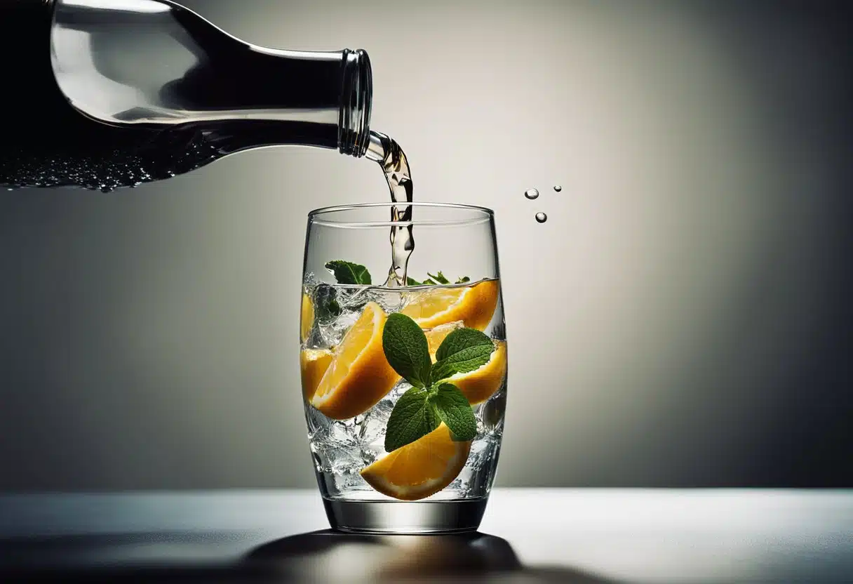 A hand pours liquid into a glass, adding fruits and herbs