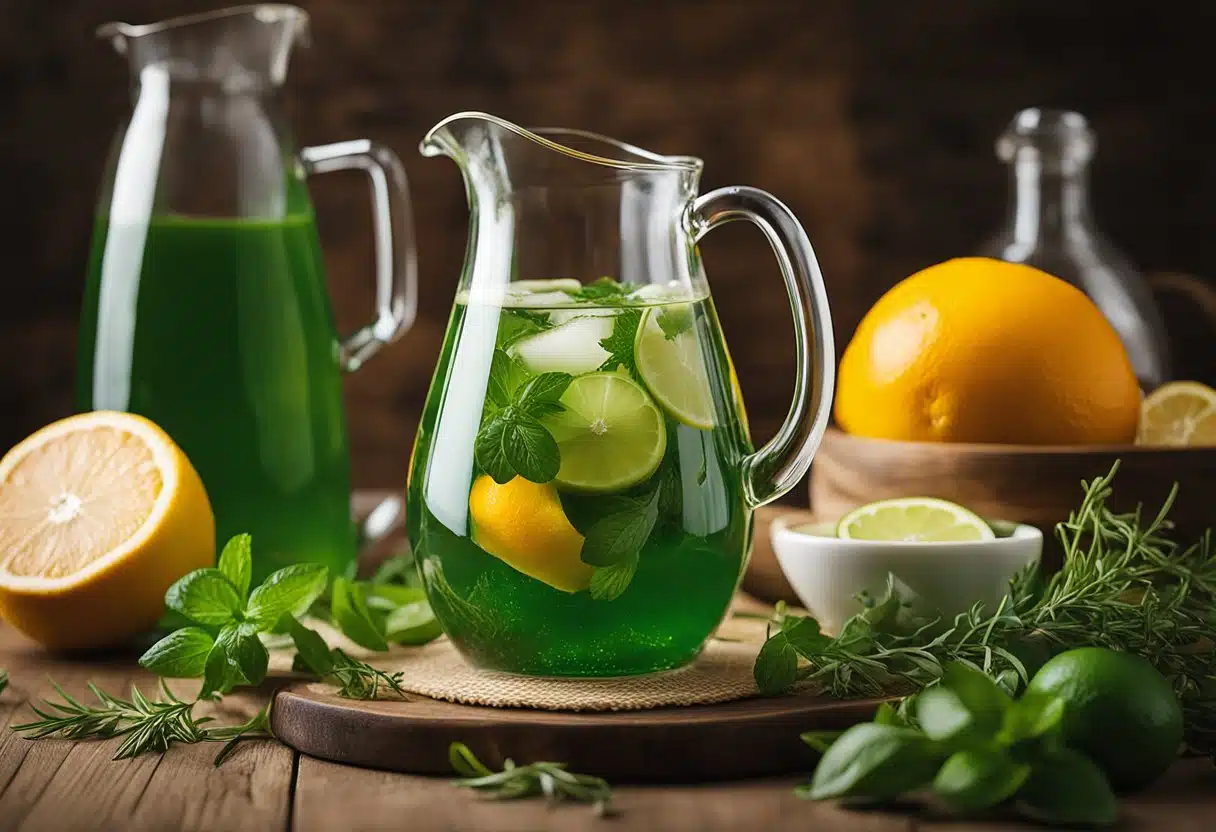 A glass pitcher filled with a green liquid, surrounded by fresh herbs and sliced citrus fruits on a wooden table