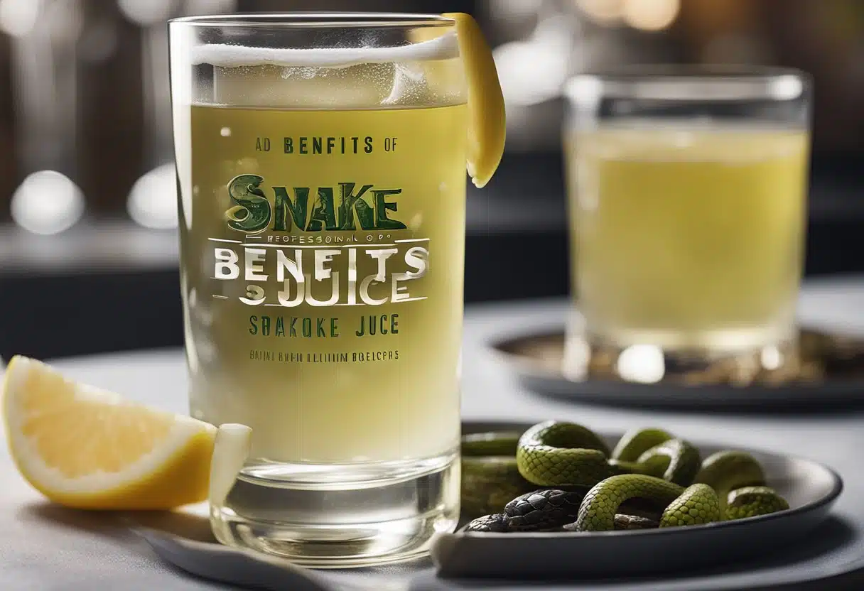 A glass of snake juice sits on a table with ingredients nearby. The label reads "benefits of snake juice recipe."