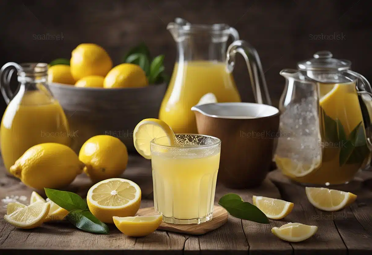 A table with ingredients: lemons, sugar, water, and a pitcher labeled "Snake Juice Recipe"