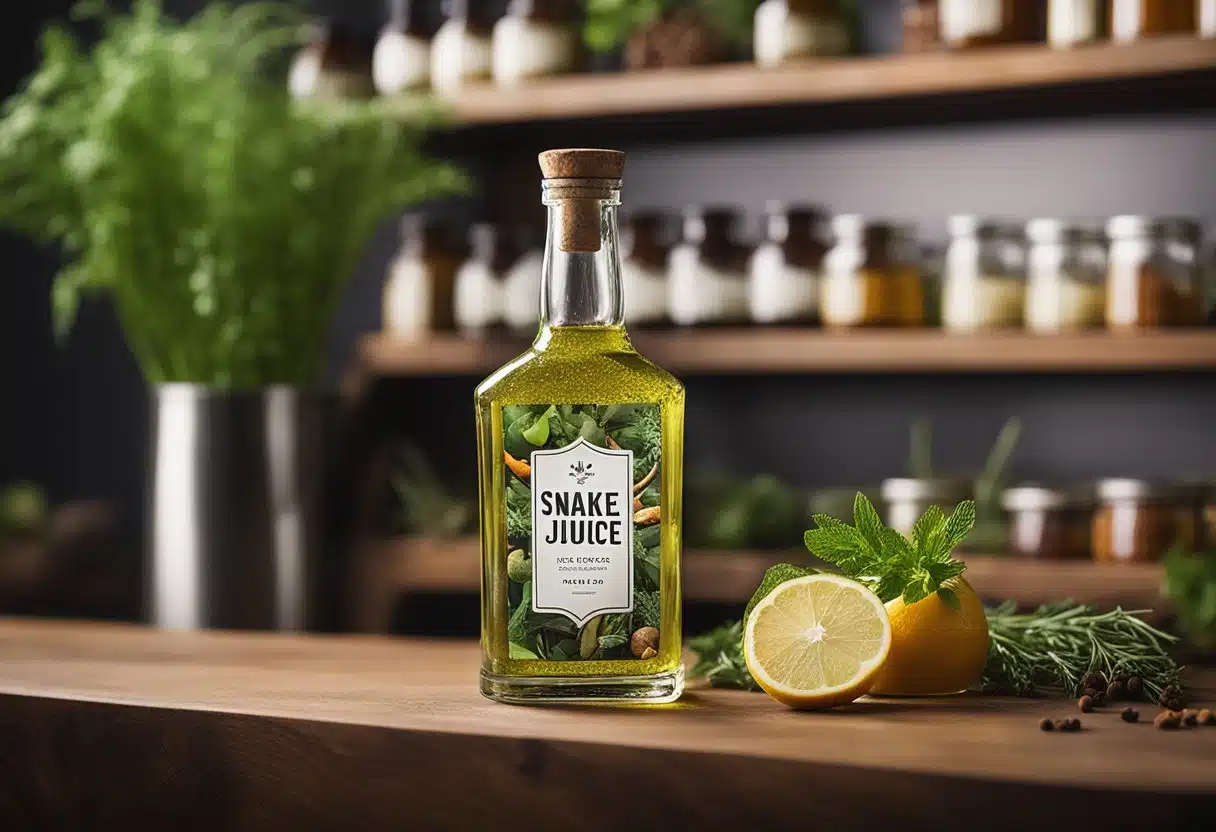 A glass bottle of snake juice sits on a wooden shelf, surrounded by various herbs and spices. The label on the bottle reads "Snake Juice Recipe."