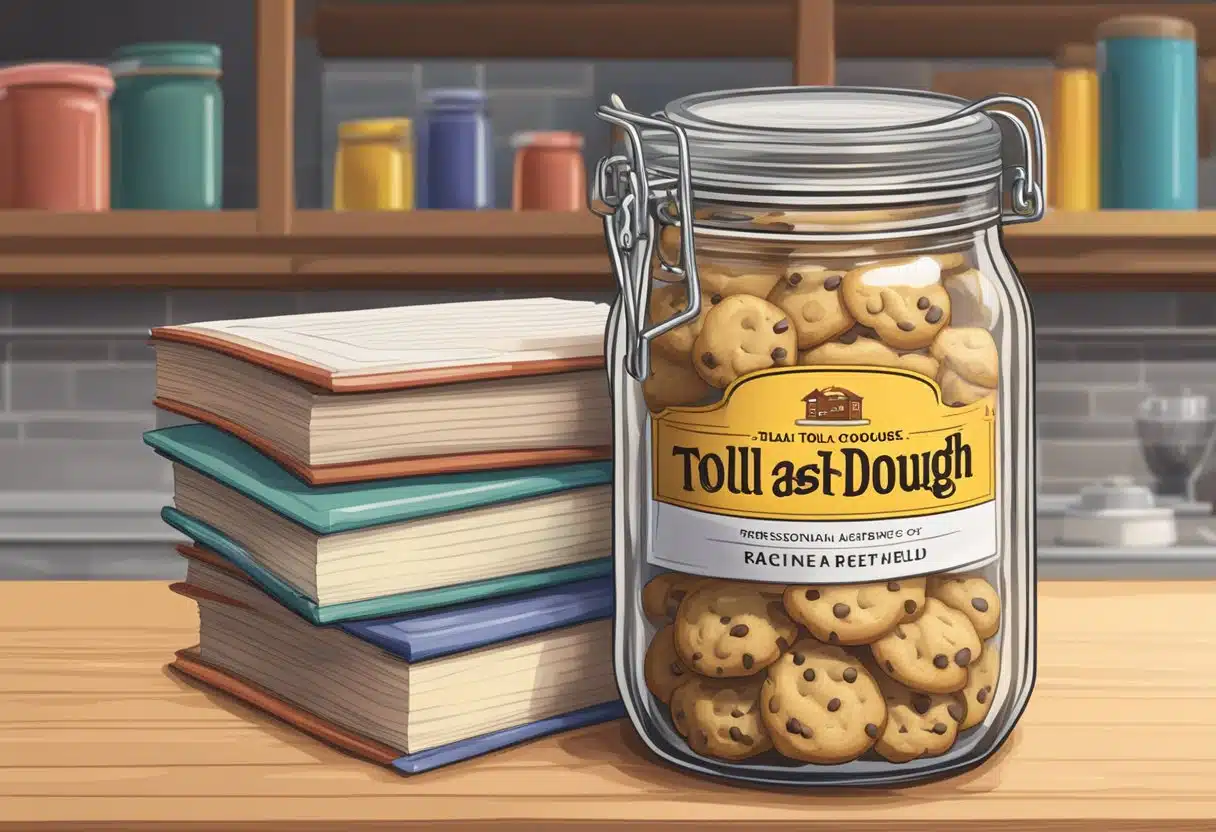 A glass jar filled with toll house cookie dough, sealed tightly to preserve its freshness, sits on a wooden shelf next to a stack of recipe books