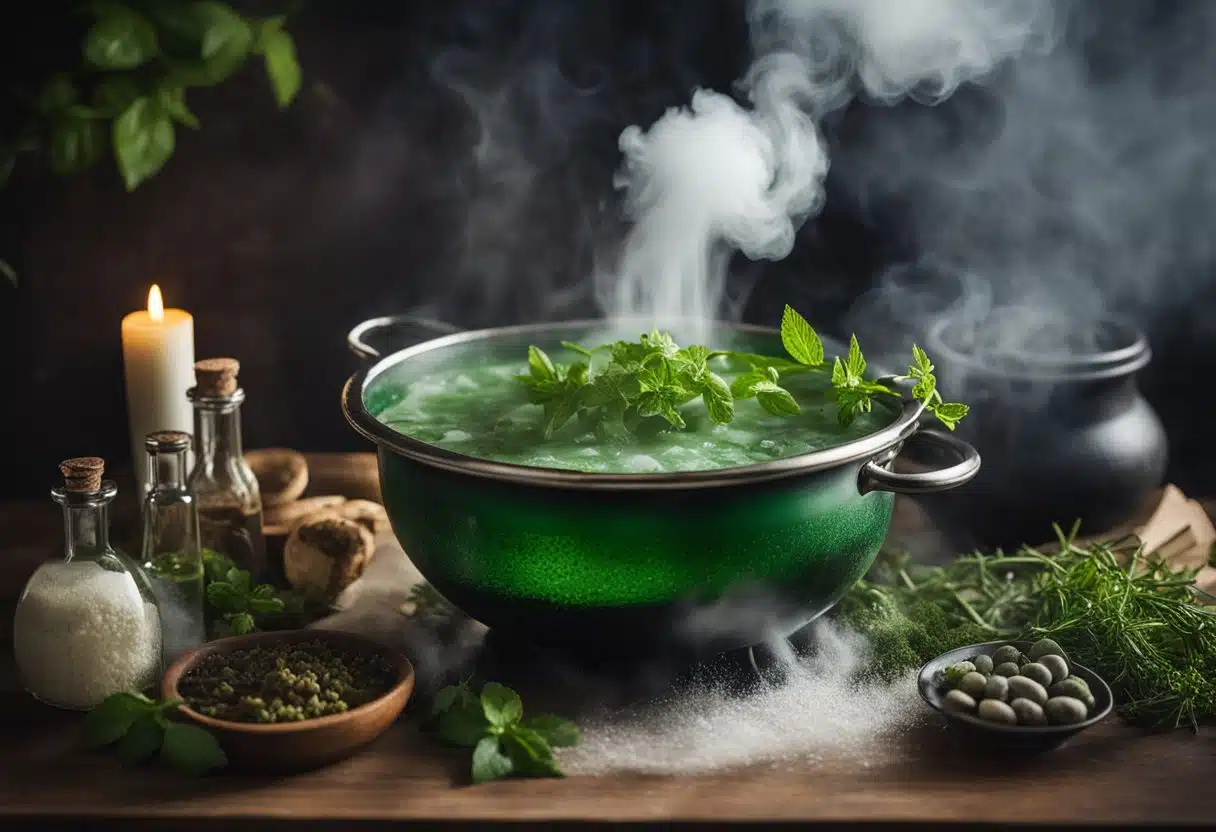 A bubbling cauldron with various herbs and ingredients, a book open to a page titled "Snake Juice Recipe," and a swirling green mist rising from the potion