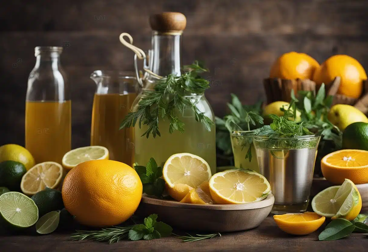 A table with various ingredients and utensils for making Snake Juice. Ingredients include citrus fruits, herbs, and bottles of alcohol