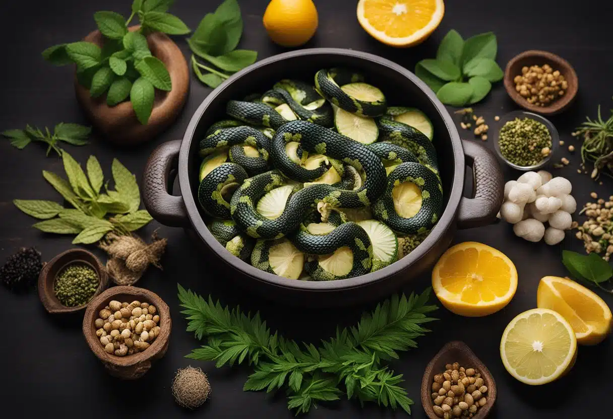 A table with exotic ingredients: snake skin, venom, rare herbs, and a bubbling cauldron