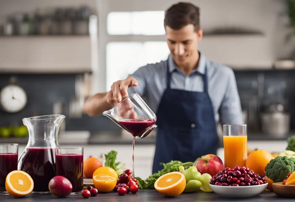 A person pouring cranberry juice into a glass, with various fruits and vegetables in the background, and a sign displaying health and safety considerations for juice recipes