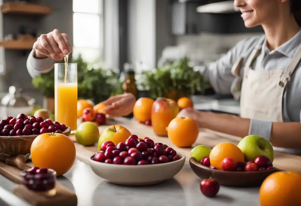 A hand reaches for cranberries, oranges, and apples on a kitchen counter for juice recipes