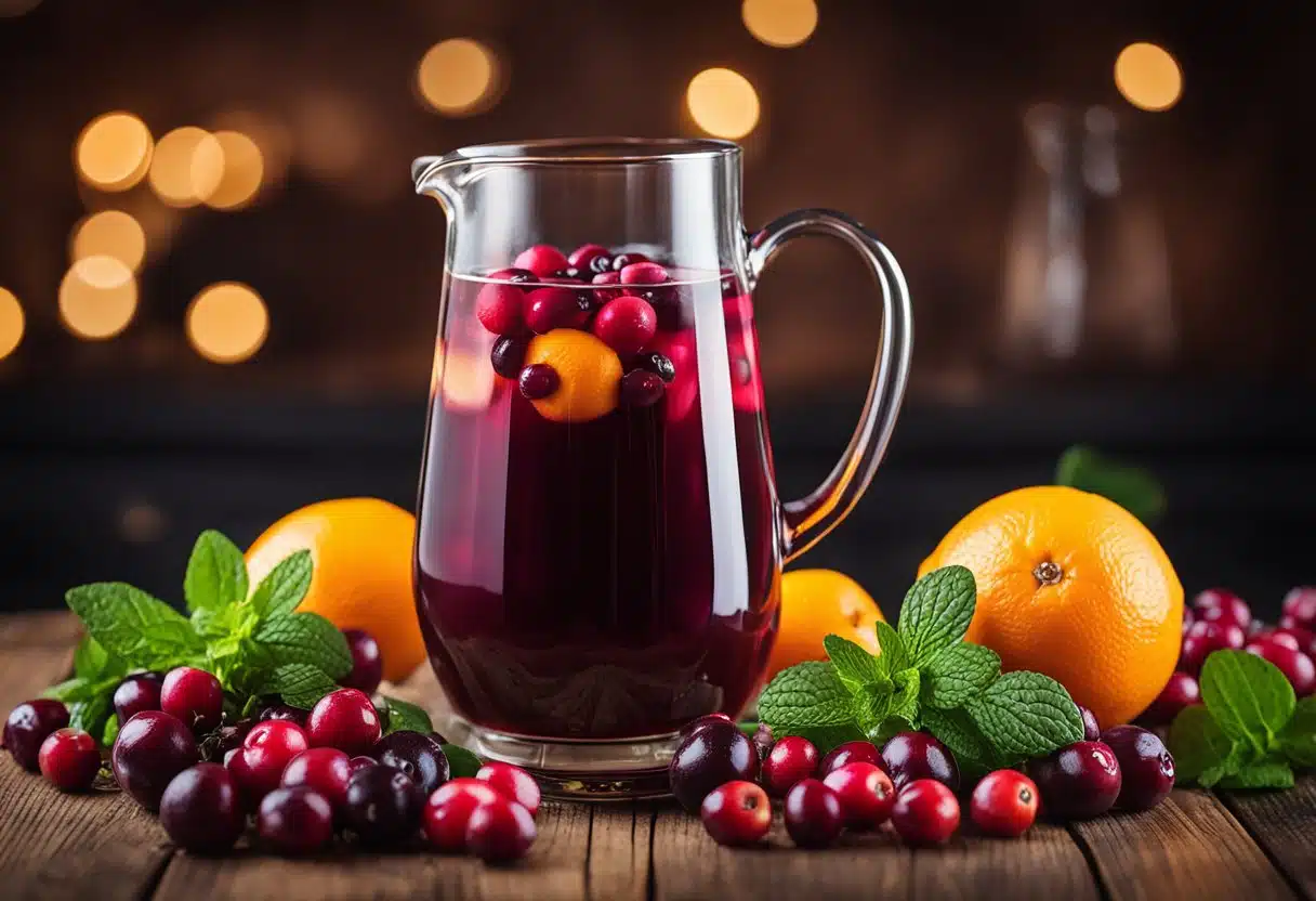 A glass pitcher filled with vibrant red cranberry juice surrounded by fresh cranberries, mint leaves, and sliced citrus fruits on a rustic wooden tabletop