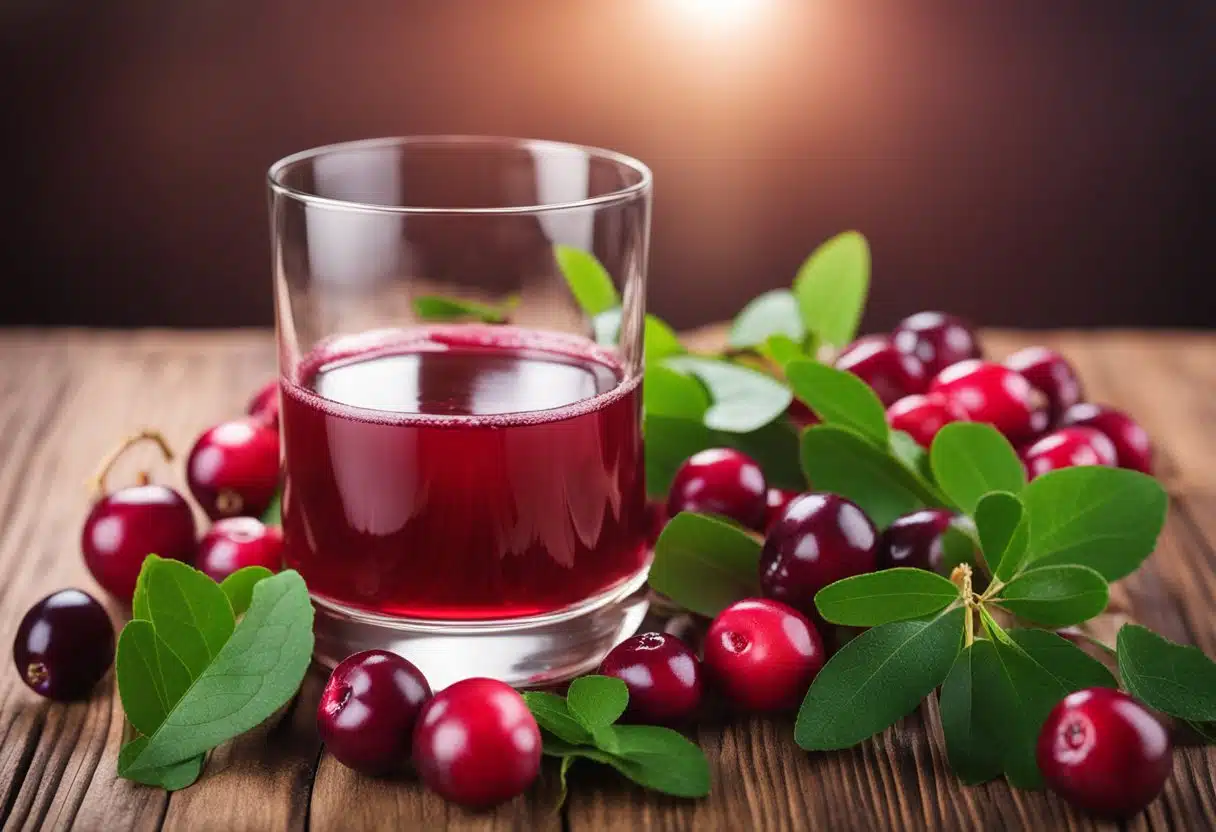 A glass of cranberry juice surrounded by fresh cranberries and green leaves on a wooden table