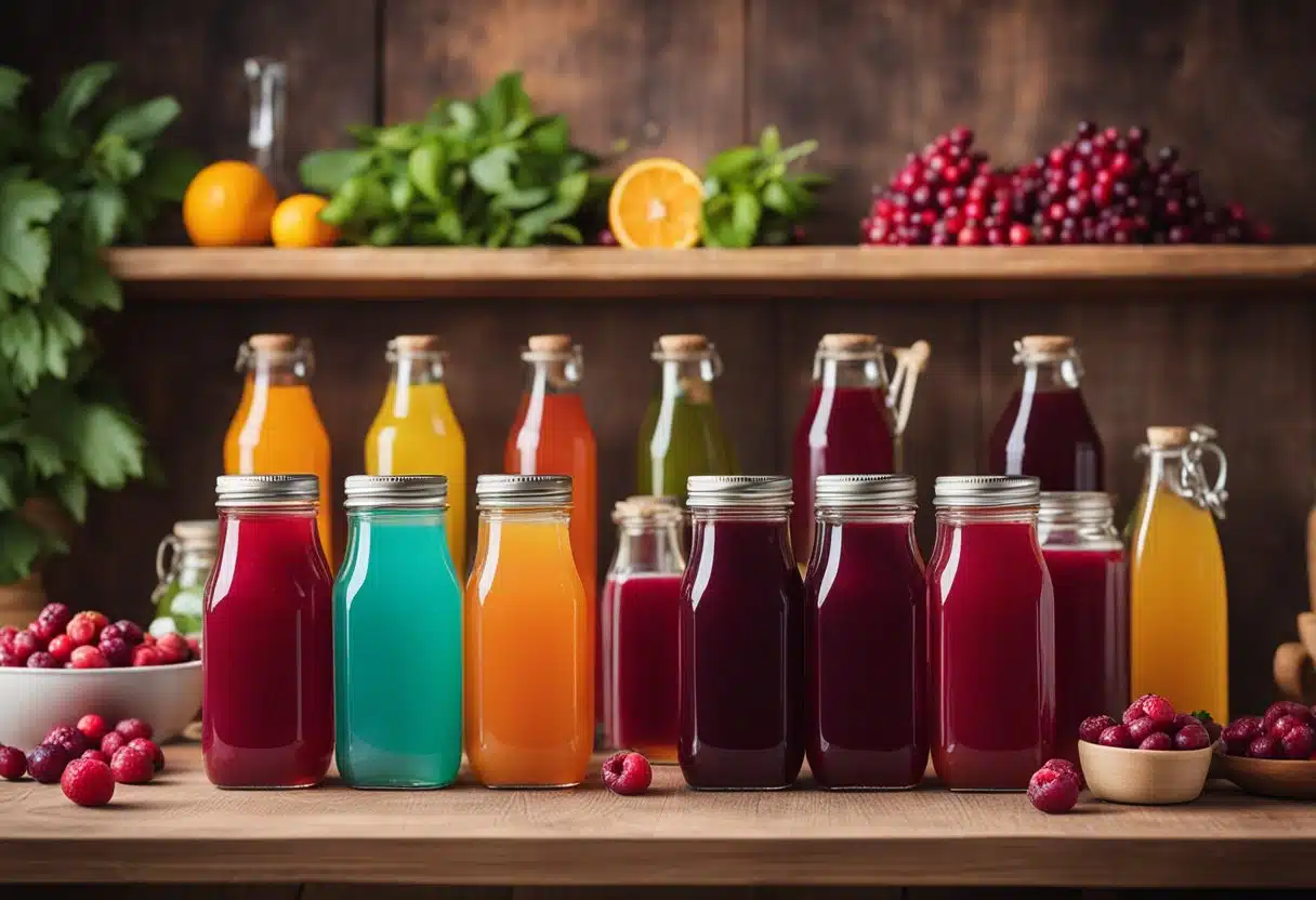 Bright kitchen with colorful bottles of homemade cranberry juice lined up on a wooden shelf. Ingredients like fresh berries and citrus fruits are displayed nearby