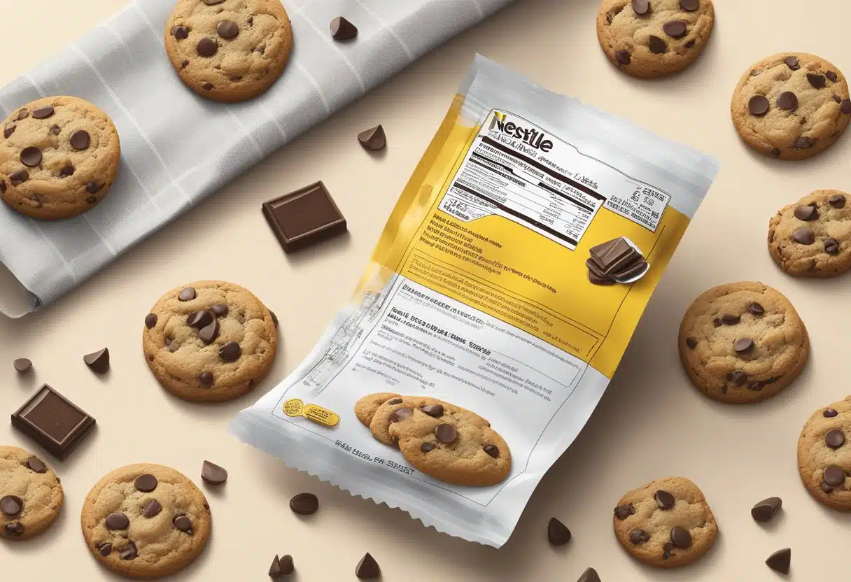 A close-up of a recipe card for Nestle Toll House cookies, with the nutritional information section highlighted and surrounded by scattered chocolate chips and a measuring spoon