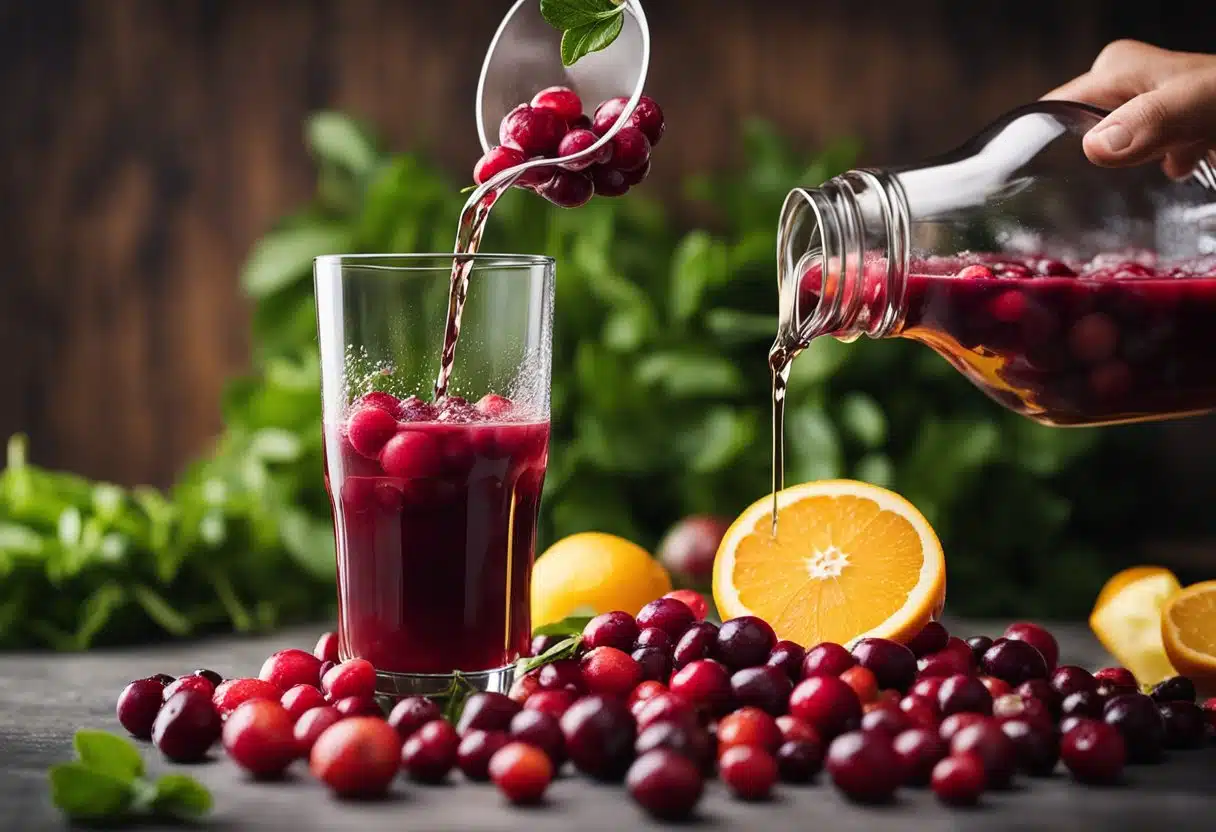 Fresh cranberries being washed, sliced, and blended with various fruits and vegetables. Juice being poured into glasses with garnishes