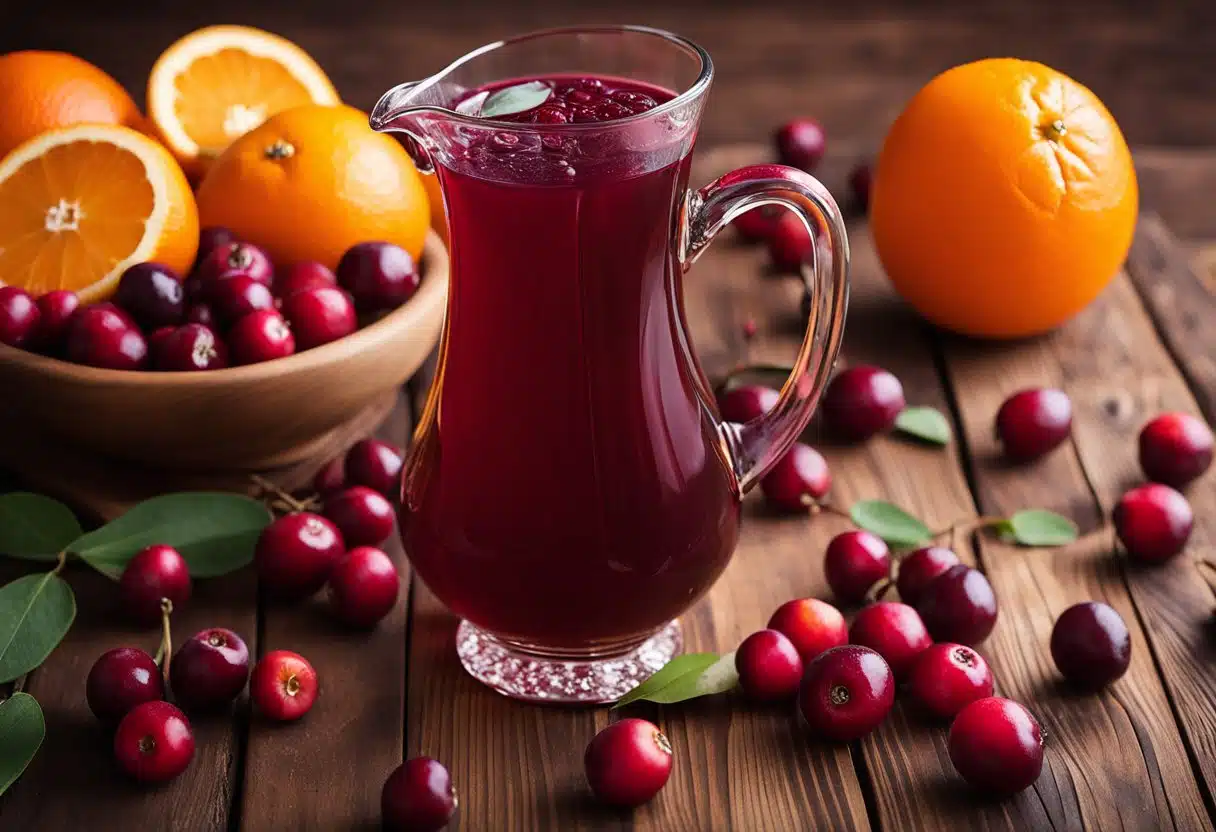 A pitcher of cranberry juice surrounded by fresh cranberries and sliced oranges on a wooden table