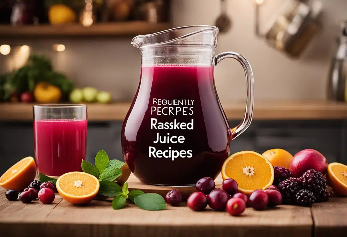 A glass pitcher filled with vibrant cranberry juice surrounded by various fruits and ingredients. Text reading "Frequently Asked Questions juice recipes with cranberry" in bold letters above the pitcher