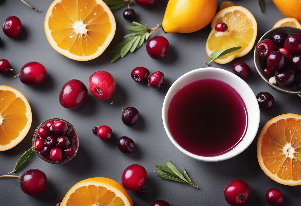 A table with various cranberry juice recipes, surrounded by fresh cranberries and colorful fruit slices