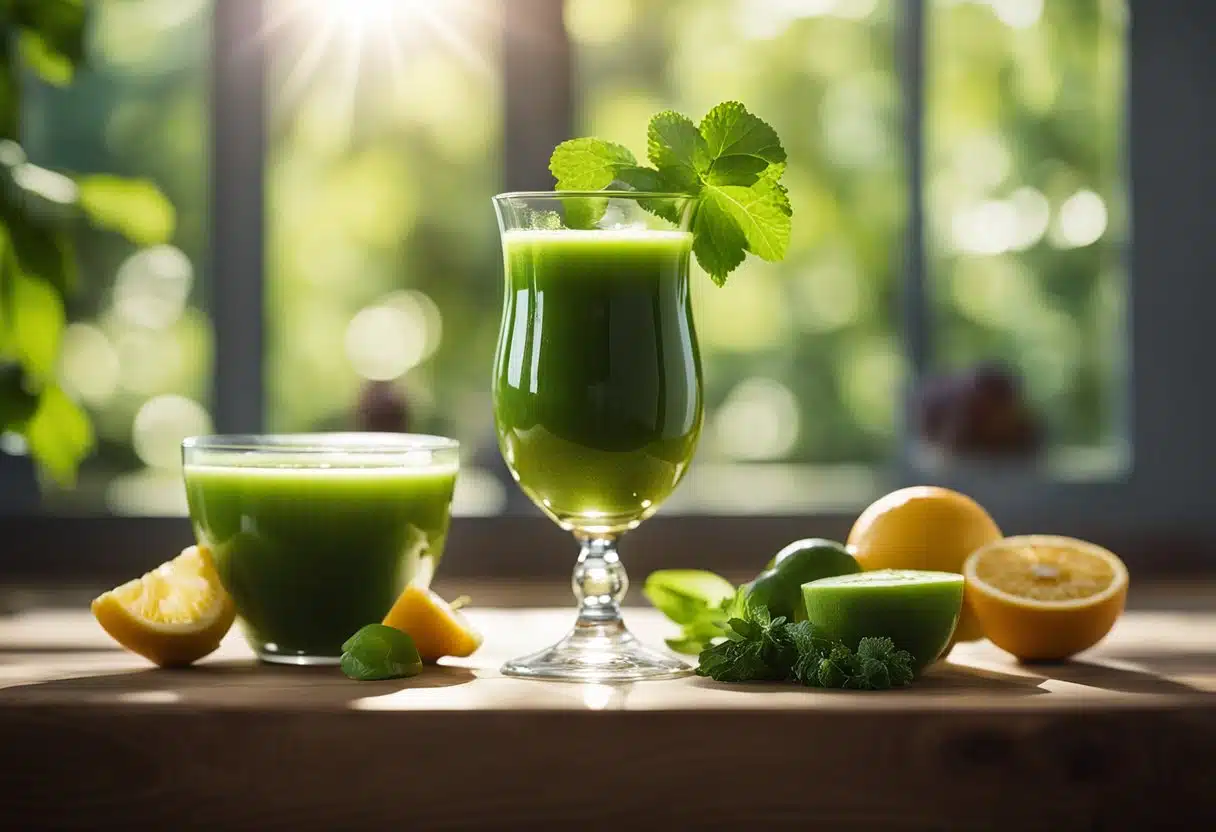 A glass of green juice sits on a wooden table, surrounded by fresh vegetables and fruits. Sunlight streams through a nearby window, casting a warm glow on the scene