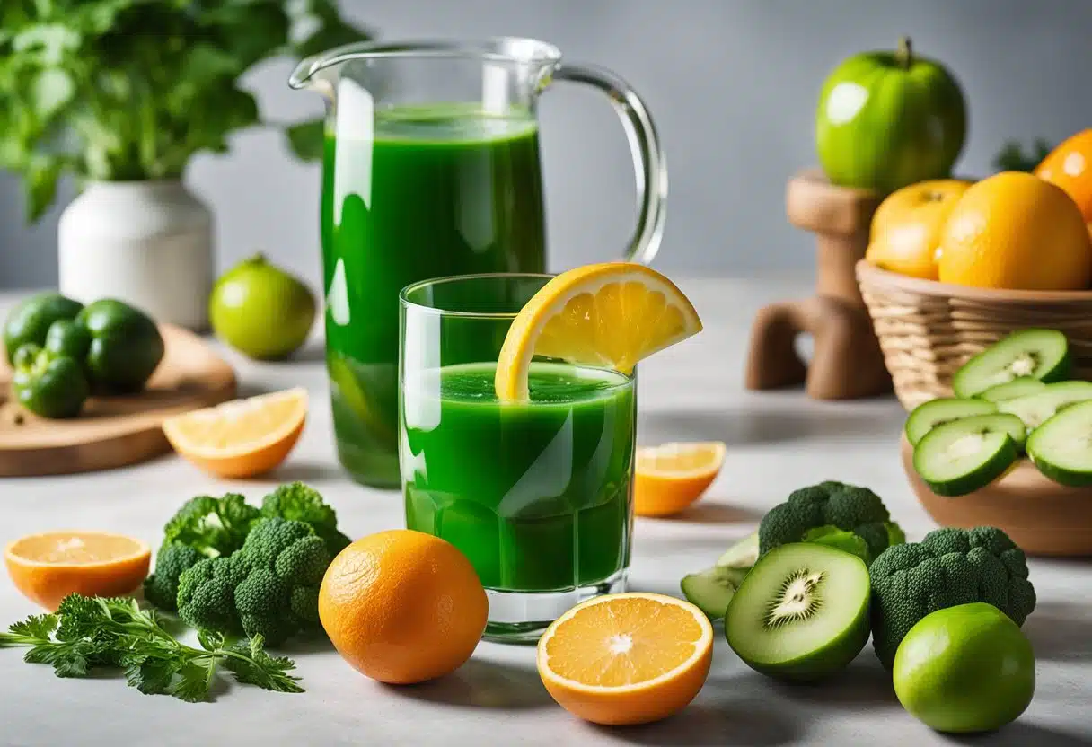 A glass filled with vibrant green liquid surrounded by fresh fruits and vegetables, with a recipe card and a measuring cup nearby