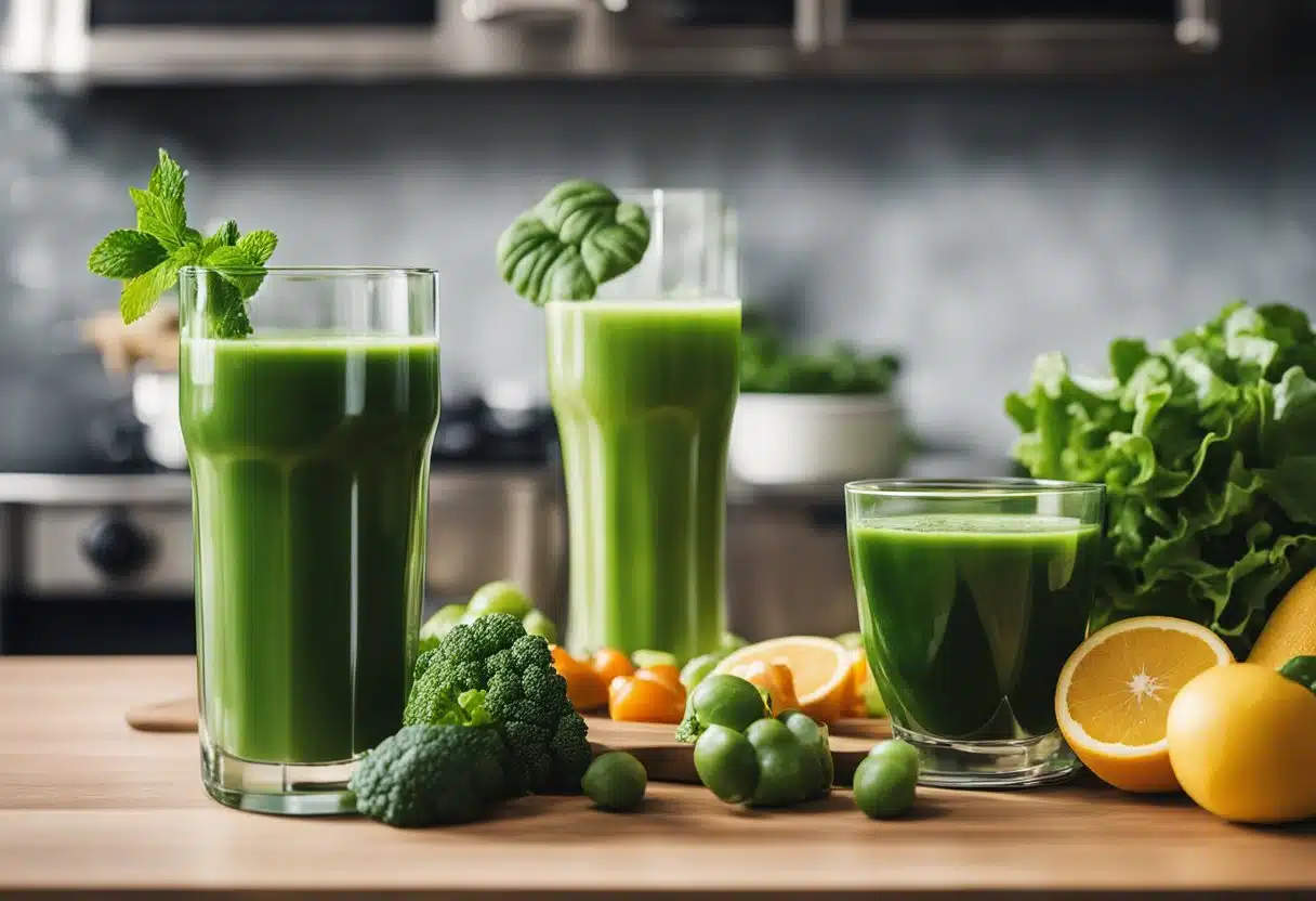 A glass of green juice surrounded by fresh vegetables and fruits on a kitchen counter