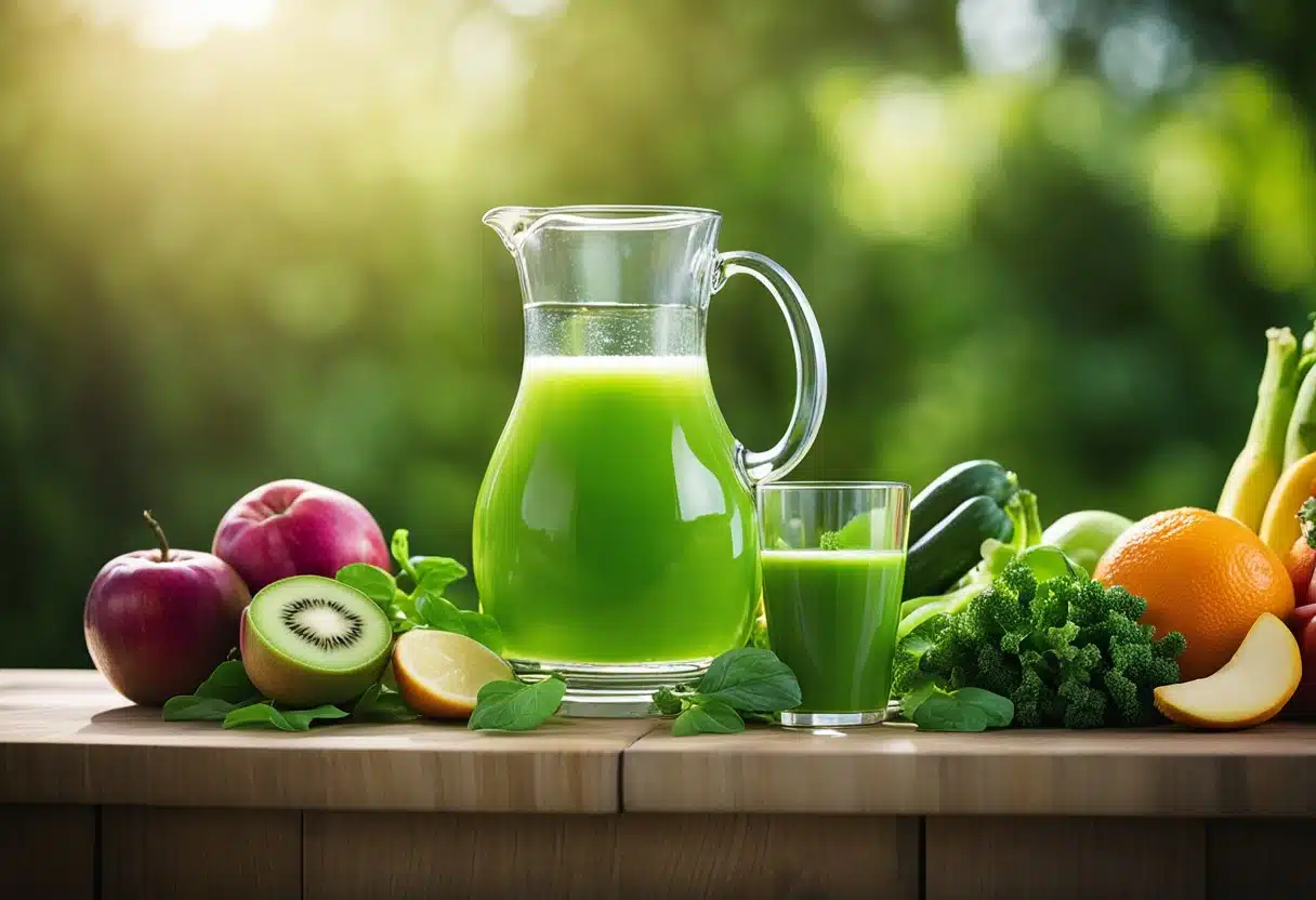 A glass pitcher filled with vibrant green juice surrounded by fresh fruits and vegetables, with a backdrop of a serene and balanced natural setting