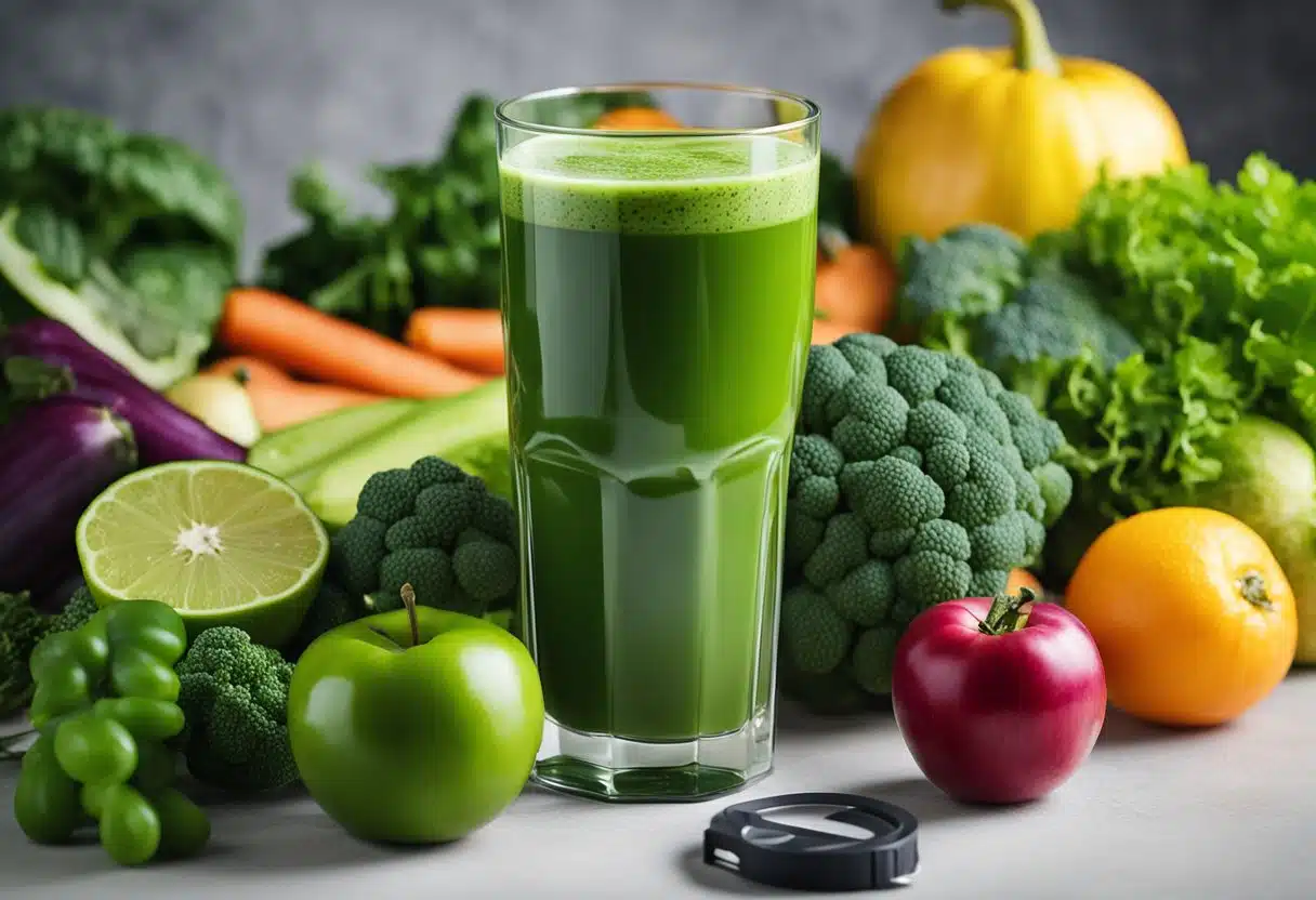 A glass of green juice surrounded by fresh, vibrant vegetables and fruits, with a tape measure nearby to symbolize weight loss benefits