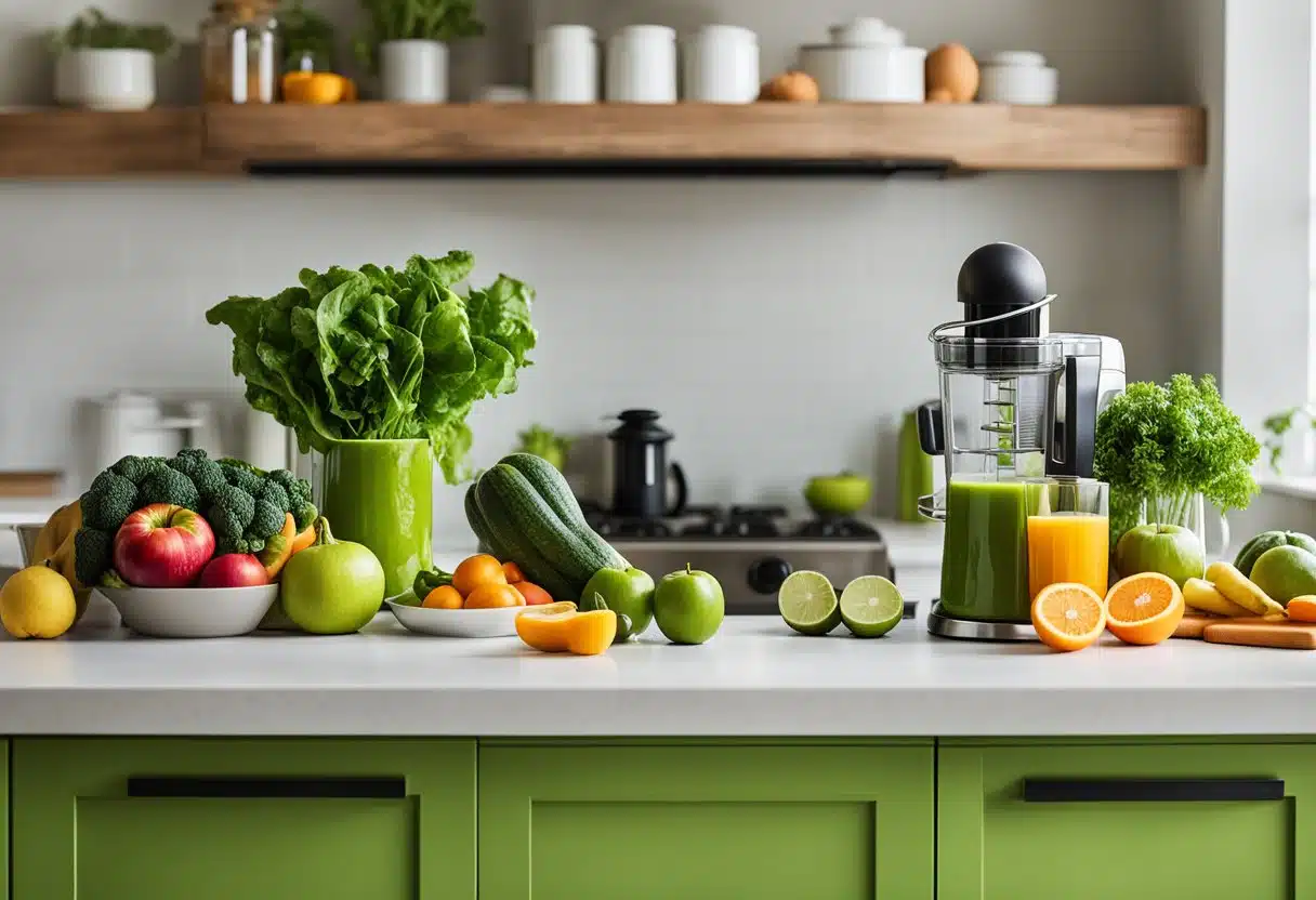 A vibrant, green kitchen counter with fresh fruits and vegetables, a sleek juicer, and a handwritten recipe card for "Choosing the Right Juicer green juice recipe for weight loss."