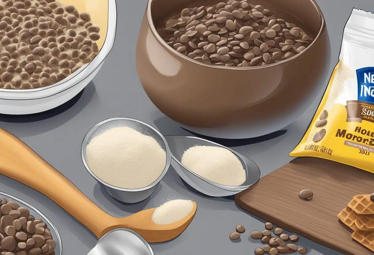 A mixing bowl filled with flour, sugar, and chocolate chips. A spoon stirs the ingredients as a bag of Nestle Toll House morsels sits nearby