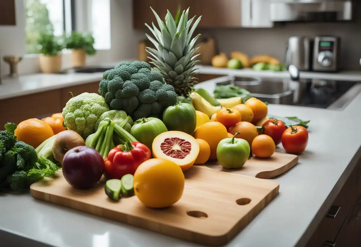 Fresh vegetables and fruits arranged on a kitchen counter, a juicer and cutting board in the background