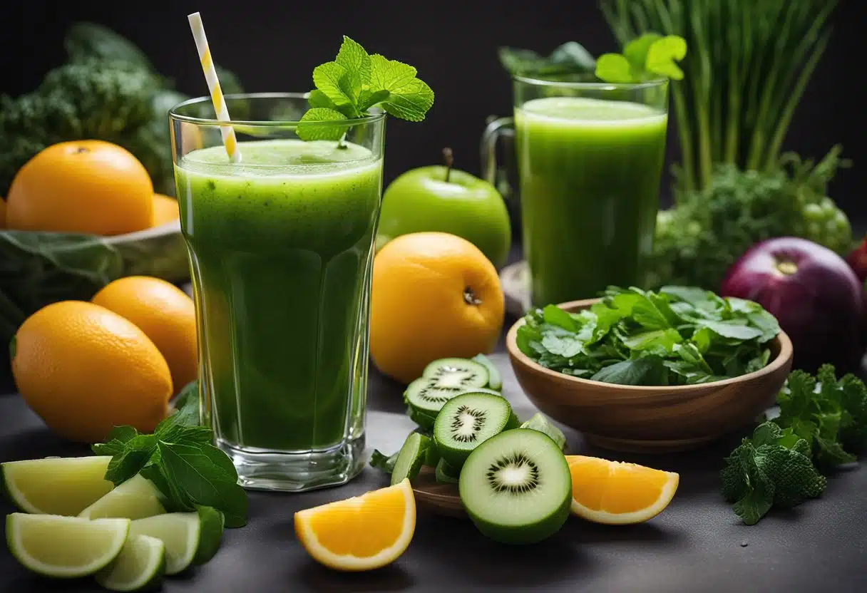 A glass of green juice surrounded by fresh fruits and vegetables, with a measuring cup of ingredients on the side