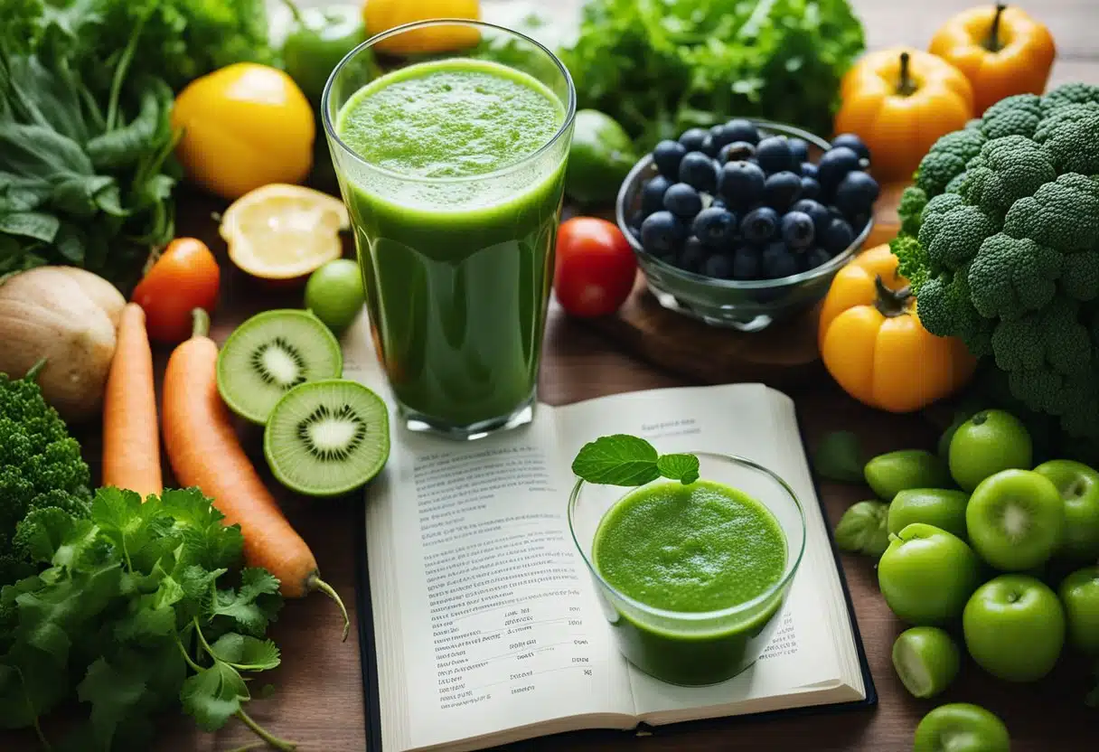 A glass of green juice surrounded by fresh vegetables and fruits, with a recipe book open to a page titled "Green Juice Recipe for Weight Loss."