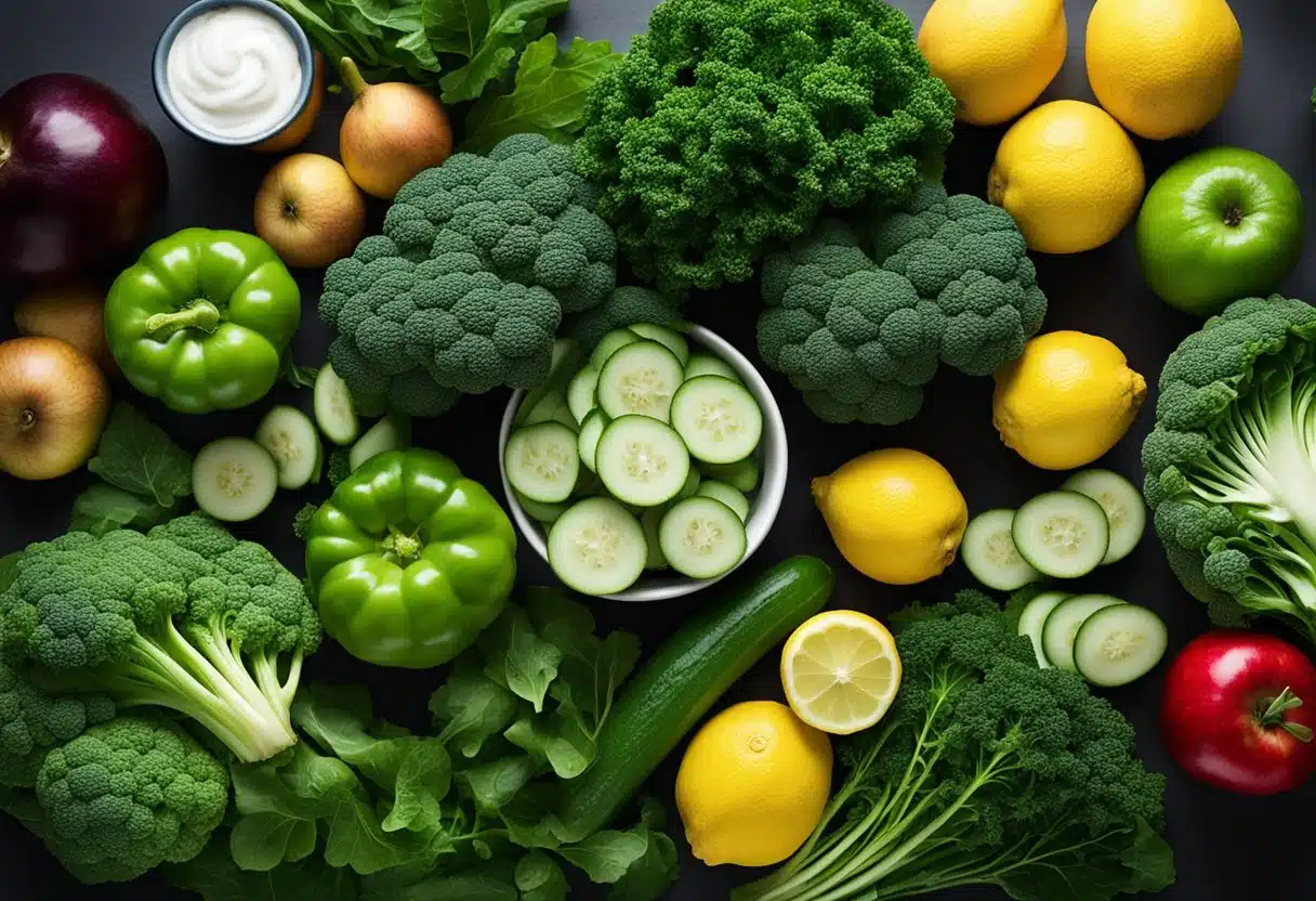 A variety of fresh green vegetables and fruits arranged on a kitchen counter, including spinach, kale, cucumber, apple, and lemon