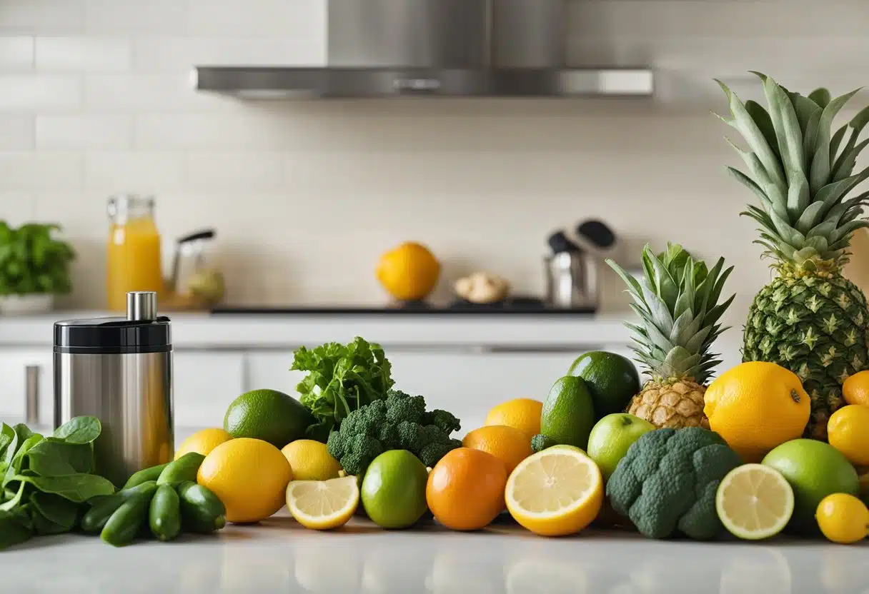 Fresh fruits and vegetables arranged on a kitchen counter, with a juicer and cutting board. A variety of ingredients such as lemons, ginger, spinach, and cucumbers are visible