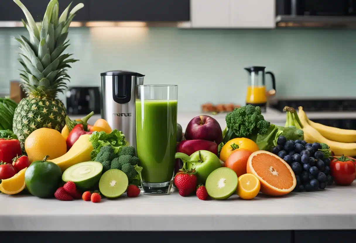 A colorful array of fresh fruits and vegetables, a blender, and a glass of vibrant green juice on a kitchen counter