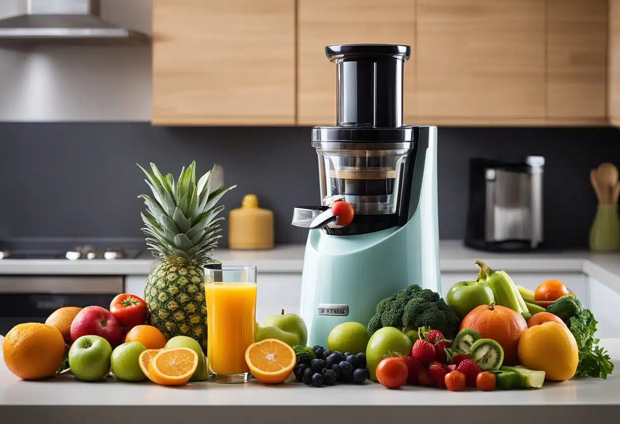 A colorful array of fresh fruits and vegetables, a juicer, and a glass of belly fat burning juice on a kitchen counter